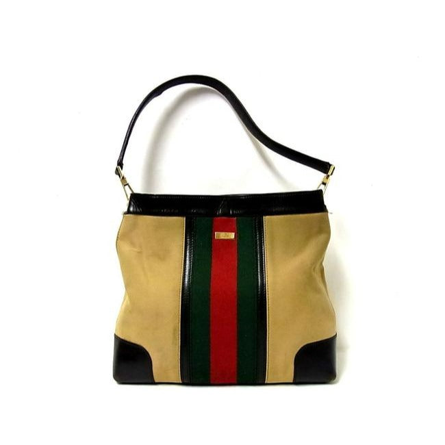 Gucci Vintage Pursesdesigner Purses Tan Canvas With Redgreen Shelly Stripe And Brown Leather Leather