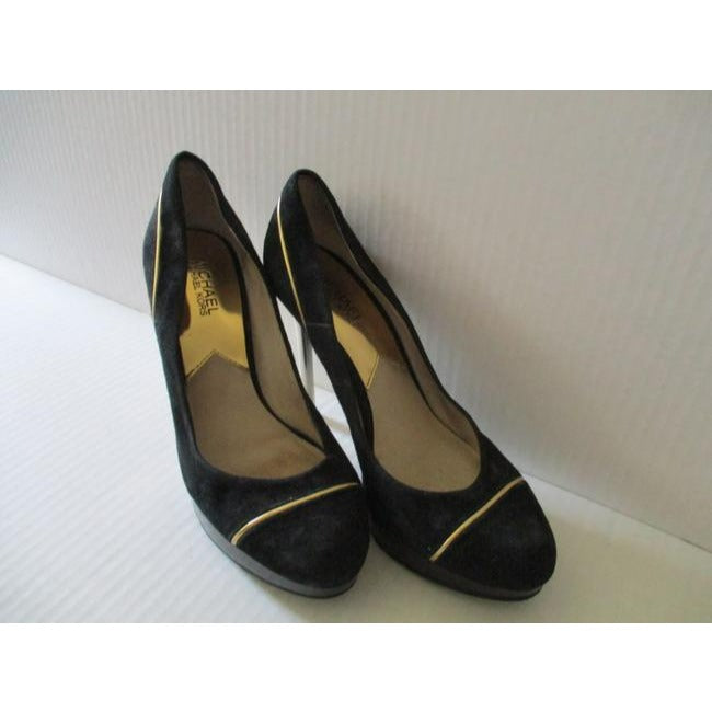 SALE! Michael Kors Black Suede Gold Heels And Piping Classic Platform Pumps Size 8M Us