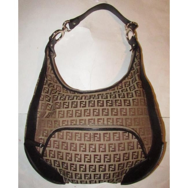 Fendi Chef Shoulder Purse Brown Zucchino Or Small F Logo Print Light Brown On Canvas And Brown Leath