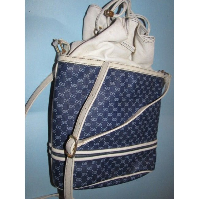 Gucci White Micro Guccissima Print on Blue Leather Bucket Bag w Nautical Look