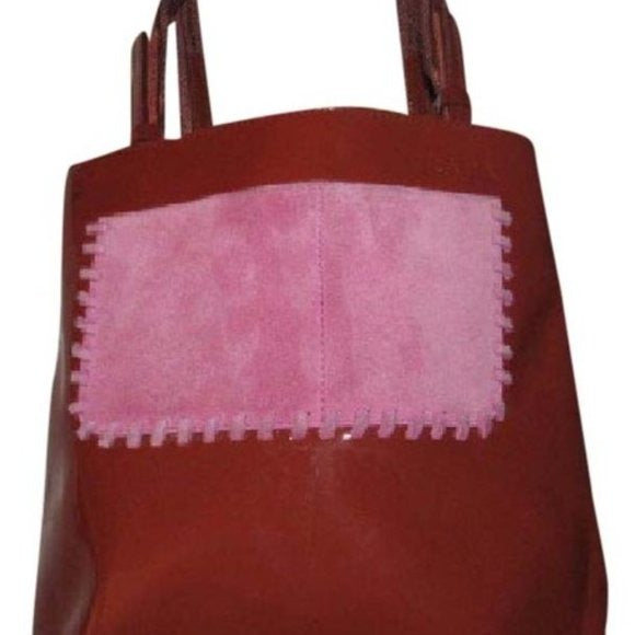 Prada Vintage Red Patent Leather And Pink Suede Petite Whipstitched Tote Bag