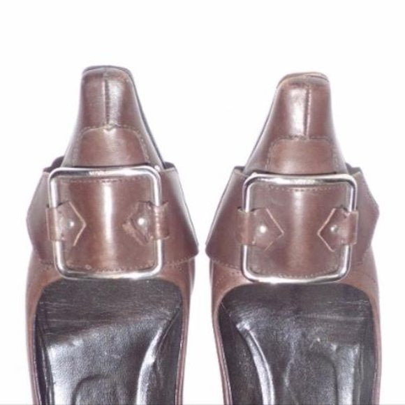 Prada Brown Leather Squared Pointy Toe Kitten Heel  Pumps with Chrome Buckles