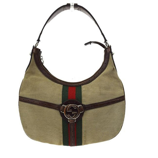 Gucci Vintage Khaki Canvas W Red Green Accent Leather Canvas Hobo Bag