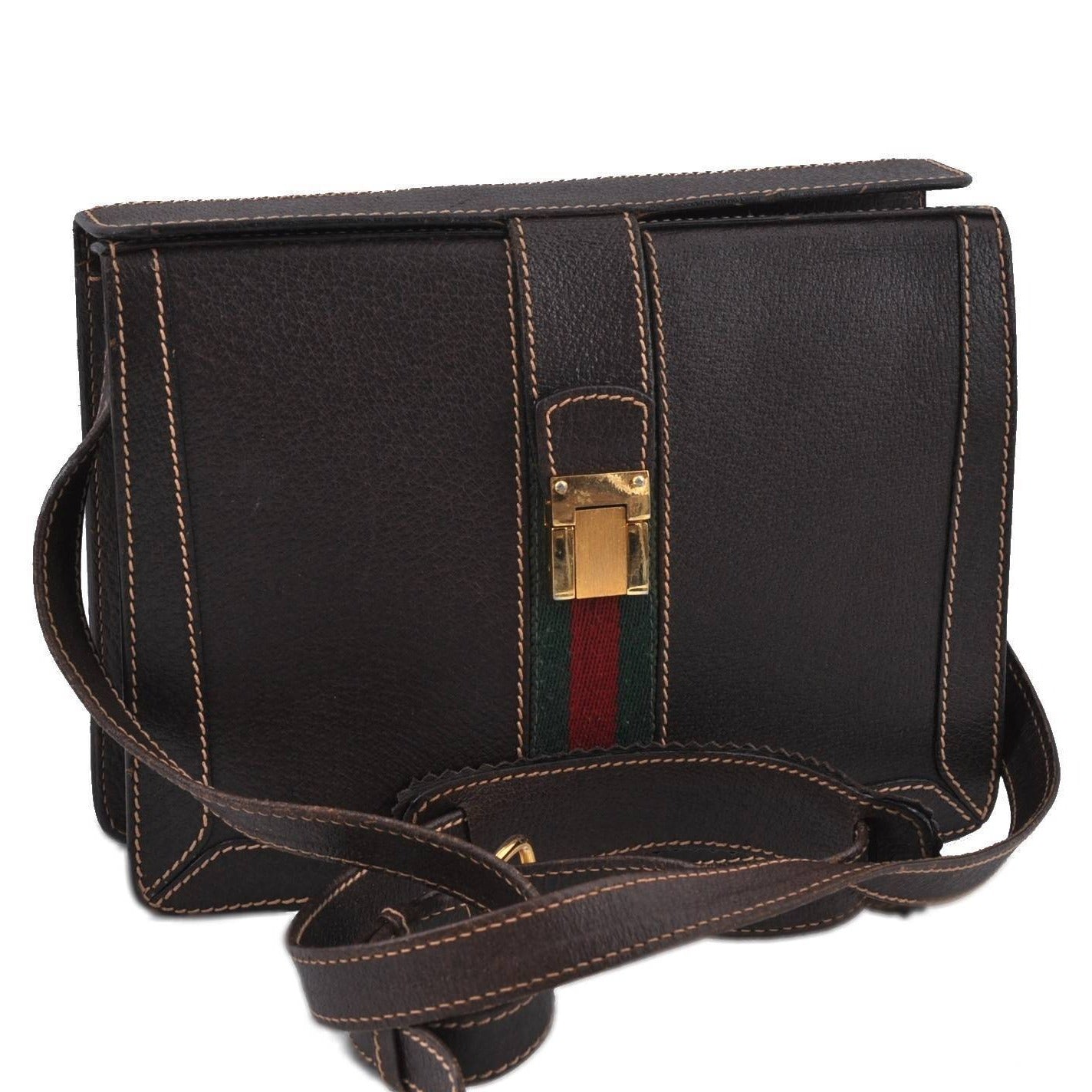 Vintage Gucci brown leather, boxy, cross body or shoulder purse with bold gold tone w a red & green stripe