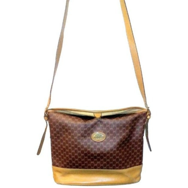 Gucci Camel Micro Logo Print On Brown Leather Bucket Bag