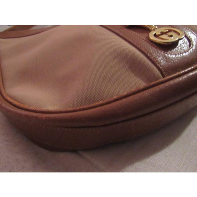 Gucci Vintage Tan Canvas Medium Brown Leather With Elaborate Center Clasp Leather