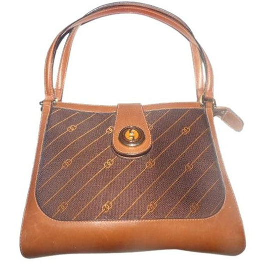 Gucci Vintage Shades Of Brown With Diagonal Rust Logo Print Leather Satchel