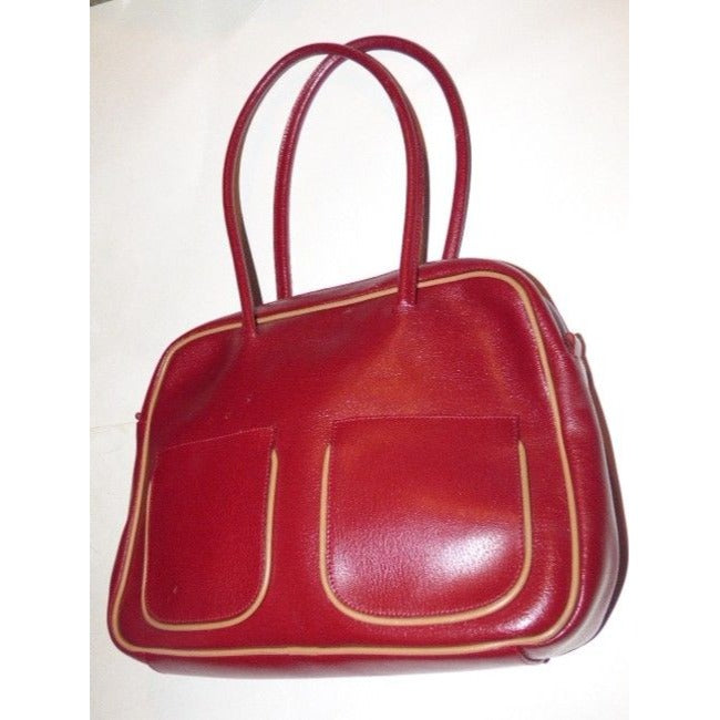 Furla Dark Red Leather Satchel With Tan Leather Accents