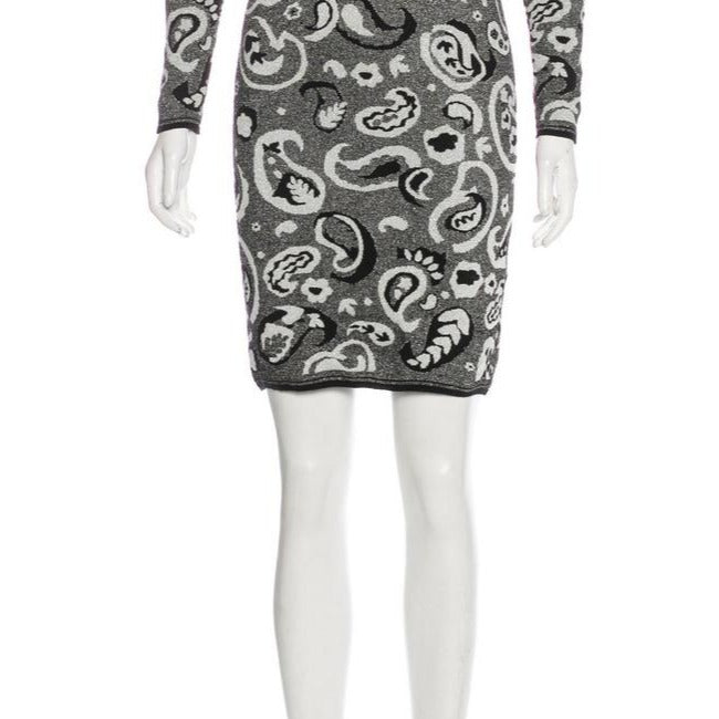 M Missoni Silver Black And White Paisley Intarsia Motif Metallic Print Sweater Mid Length Short Dress