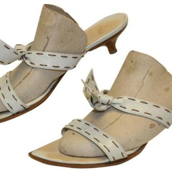 FURLA White Leather 2 Strap Slides with Brown Contrast Stitching & 1.5" Kitten Heels