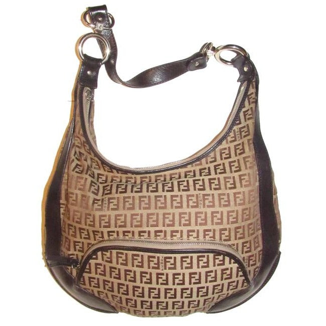 Fendi Chef Shoulder Purse Brown Zucchino Or Small F Logo Print Light Brown On Canvas And Brown Leath