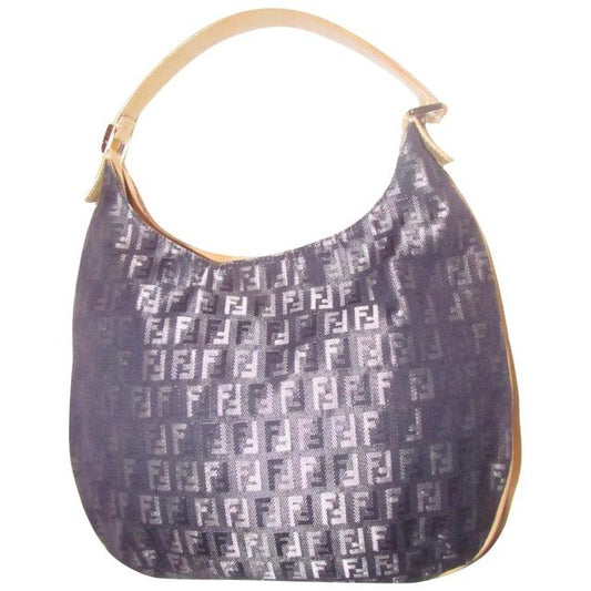 Fendi Style Shoulder Purse Zucchino Or Small F Logo Print Canvas In Shades Of Blues And Grey And Cam