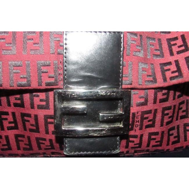 Fendi Mamma Zucco Zucchino Canvasleather Black Logo Print On Dark Red Canvas And Leather Shoulder Ba