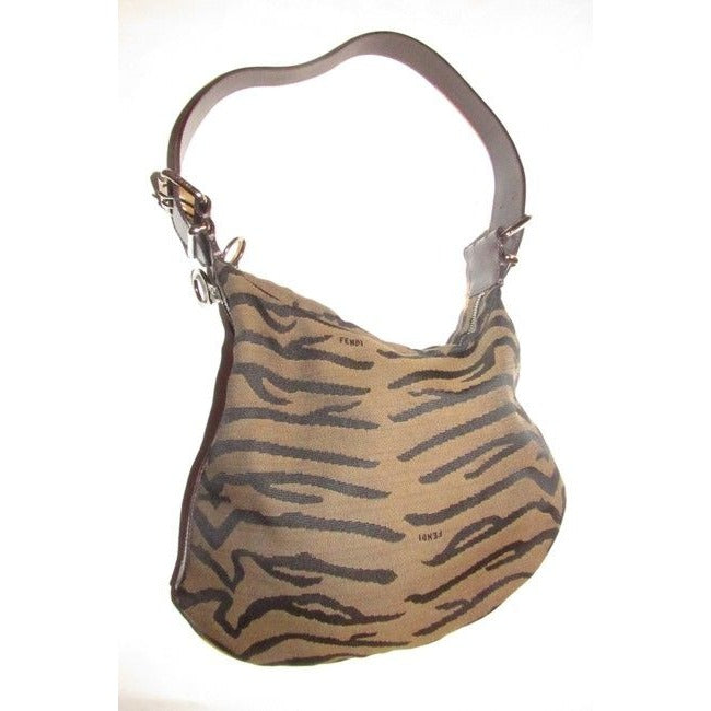 Fendi Large Oyster Style Shoulder Purse Brown And Black Tiger Print Canvas And Brown Leather Leather