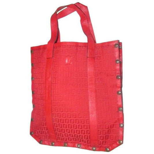 Fendi Early Xl Satchel Purses Red Zucchino Or Small F Logo Print Canvas And Red Leather Tote