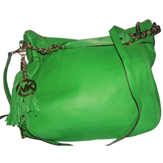 Michael Kors 'Megan Chain' vibrant green apple/darker lime leather two-way, convertible satchel with gold tone hardware and chain accents, & top zip closure