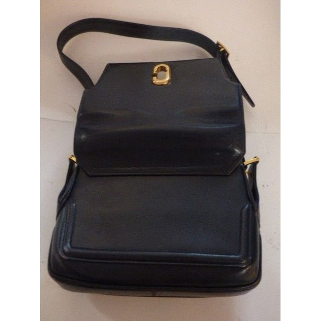 Gucci, RARE, bohemian/mod, navy blue leather, envelope top, shoulder purse with bold gold 'G' twist closure