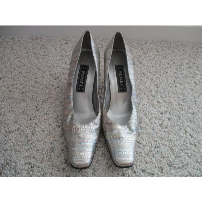 J Renee Silver Vintage Metallic Fabric Subtle Pastel Striped Heels Pumps Size Us