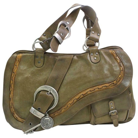 Amazing Dior Vintage, 'Gaucho' Satchel in Olive Leather with Copper Trim and Silver Hardware