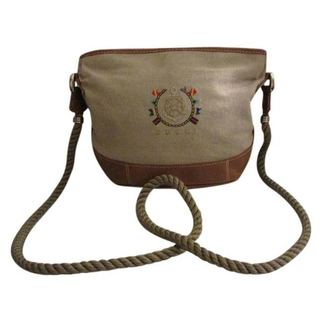 Gucci Beige Leather & GG Leather Nautical logo Bucket Bag W Captain's Wheel Logo & Rope Strap