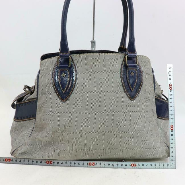 Fendi Xl Du Grommets Blue Zucco Print W Ff Calfskin Leather And Canvas Satchel