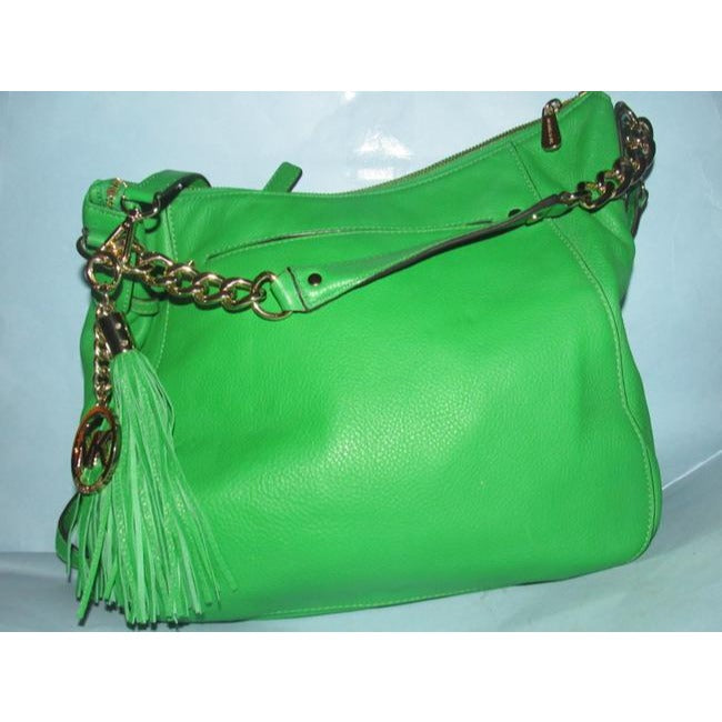 Michael Kors 'Megan Chain' vibrant green apple/darker lime leather two-way, convertible satchel with gold tone hardware and chain accents, & top zip closure
