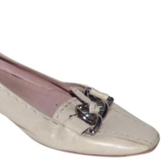 Prada Ivory Squared Pointy Toe Kitten Heel with Chrome  Chain