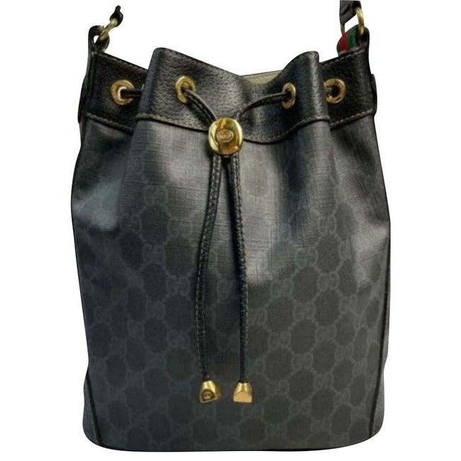 Gucci Black Guccissima Leather Bucket Bag W red & green Striped Accent