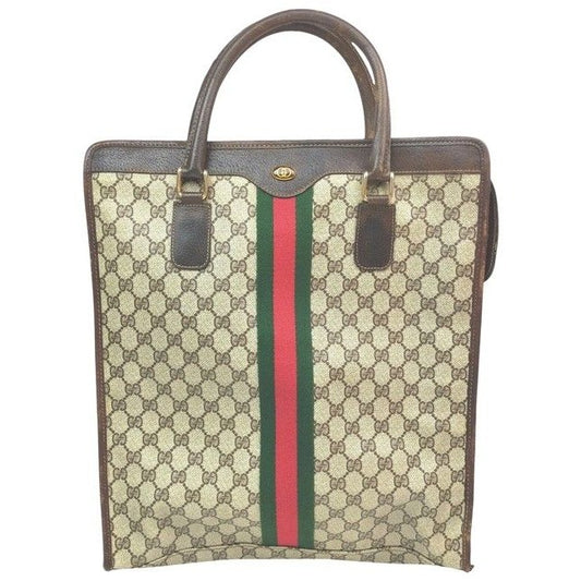 Gucci, brown Guccissima print coated canvas and brown leather, XL portfolio style satchel or tote with a red and green Sherry striped center