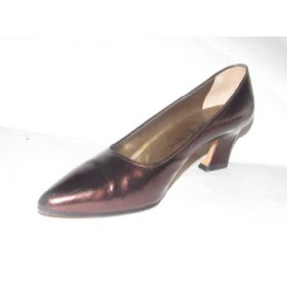 Yves Saint Laurent, 1960's, mod, bronze or dark rose gold leather, size 7.5, almond toe, 2" kitten heels