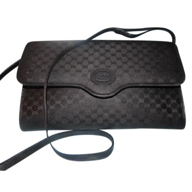 Gucci Vintage Black G Small Logo Print Coated Canvas And Black Leather