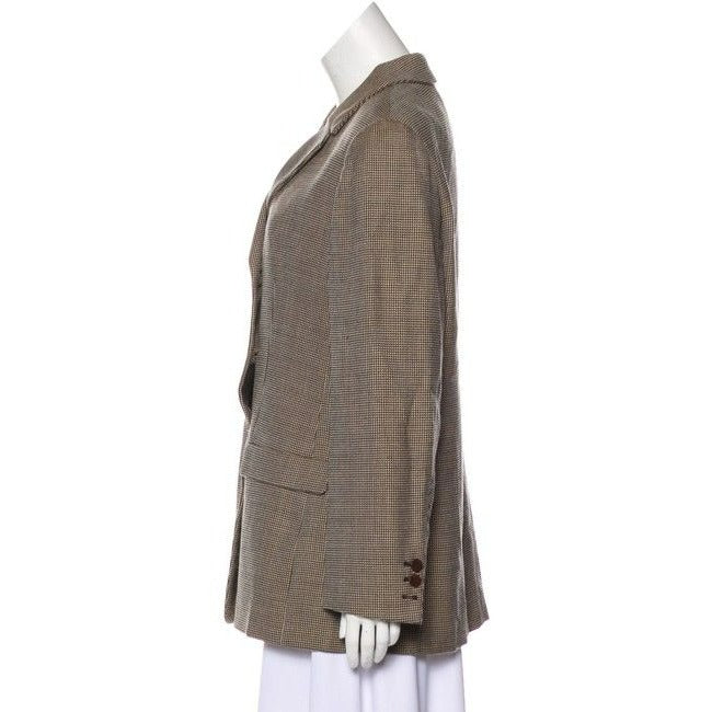 Giorgio Armani Tan Beige And Black Plaid Print Lightweight Wool Blazer