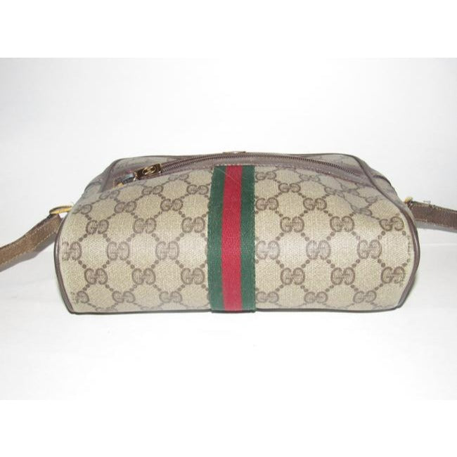 ON SALE! Gucci vintage brown Guccissima print coated canvas & brown leather, cross body with front zip pocket and red and green striped accent