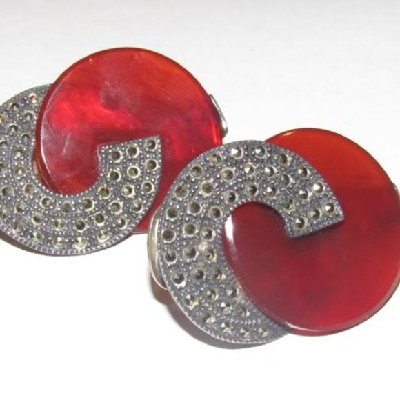 Art Deco Judith Jack Marcasite and Red Prystal Bakelite in Sterling Silver Clip On Earrings