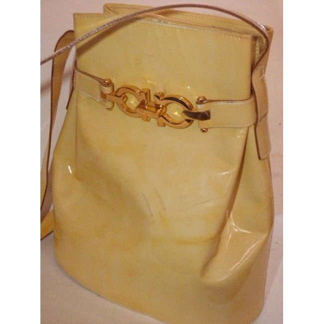 Salvatore Ferragamo Vintage Pursesdesigner Purses Pale Yellow Patent Leather Satchel