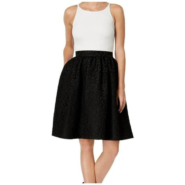 Calvin Klein White And Black Keyhole Top Flare Jacquard Skirt Short Cocktail Dress