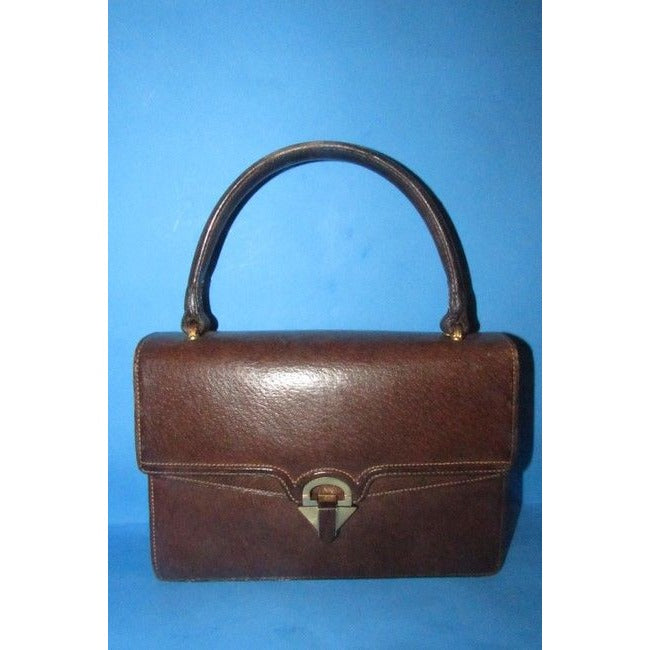 Gucci Bag Vintage Top Handle Purse Brown Leather With Contrast Stitching And Gold Accents Boar Skin