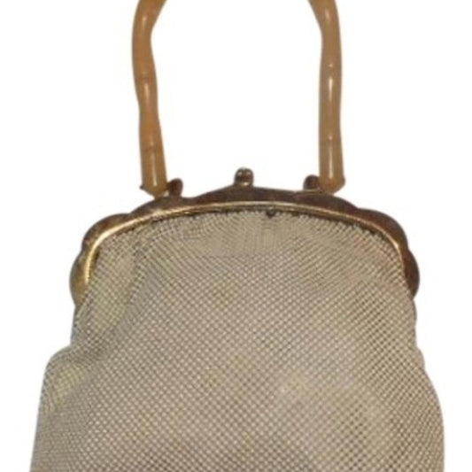 Art Deco, Whiting and Davis, cream enamel mesh purse with a carved bamboo look, translucent apple juice Bakelite handle