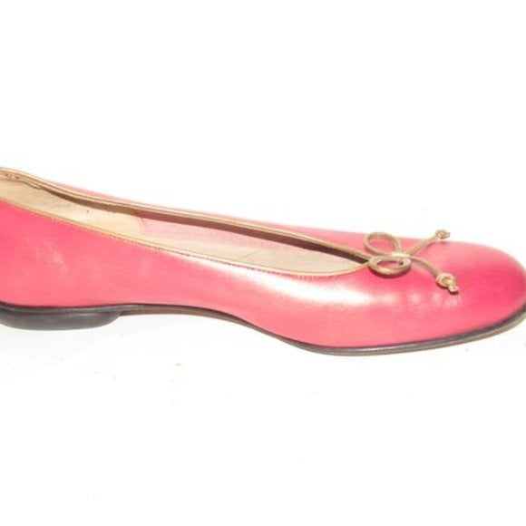 Salvatore Ferragamo Pink Leather Vintage Ballet Flats With Metallic Taupe Trim And Bows