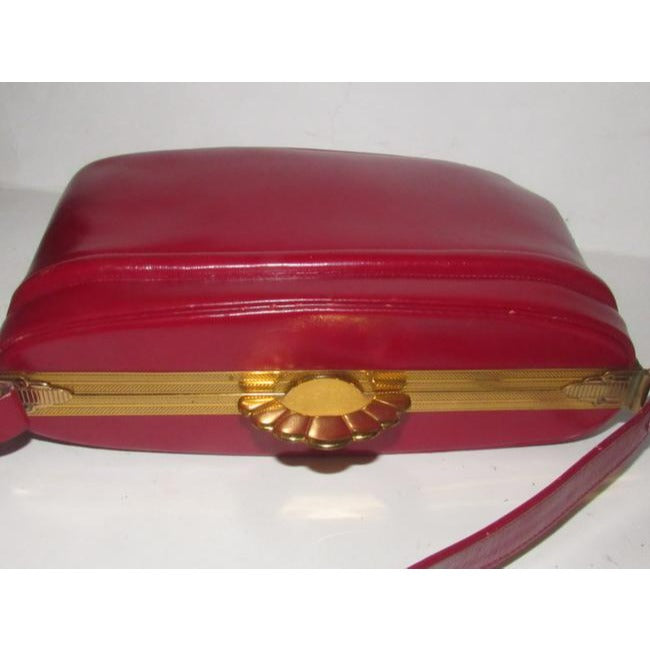 Evans Vintage True Red Leather And Engraved Gold Frame And Clasp Satchel