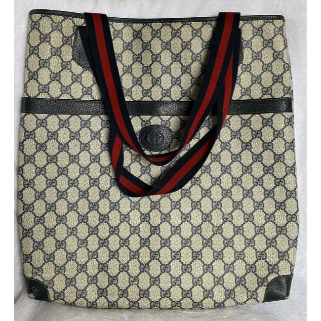 Gucci Navy Guccissima Print Canvas And Leather GG Supreme Tote Bag with Red & Blue Striped Handles