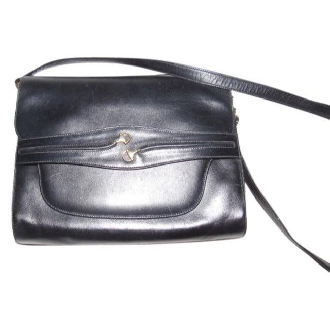 Gucci Horsebit Vintage Glossy Black Leather With Gold Equestrian Accents