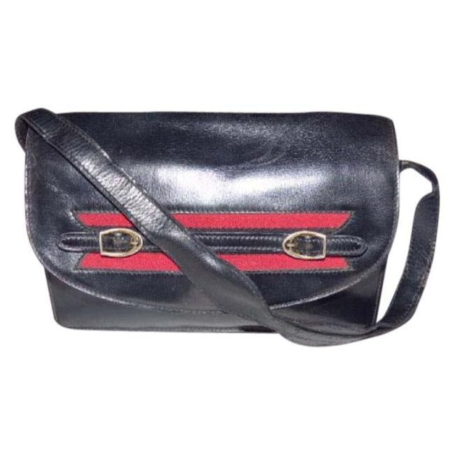 Gucci, black, glossy leather, large, multiple compartment, envelope top, shoulder bag with inlaid red/blue stripe and buckles & unique strap