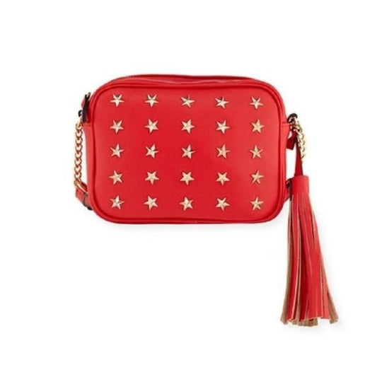 Neiman Marcus W Roz Camera Style Gold Star Shaped Studs Red Faux Leather Cross Body Bag