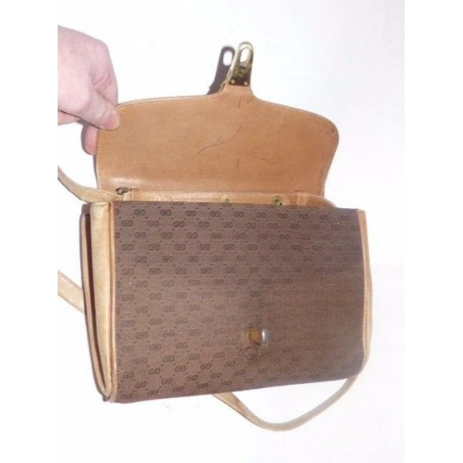 Gucci Vintage Purses Camel Leather Brown Small G Logo Print Canvas And Cross Body Bag