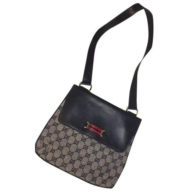 Gucci Vintage Navy Leather And Large G Logo Print Canvas With An Enamel Accents