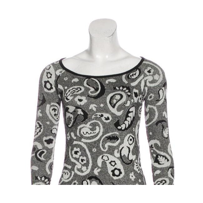 M Missoni Silver Black And White Paisley Intarsia Motif Metallic Print Sweater Mid Length Short Dress