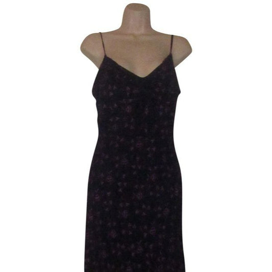 Betsey Johnson Navy Blue With Hand Stitched Purple Floral Design And Dangling Beaded Trim Dress