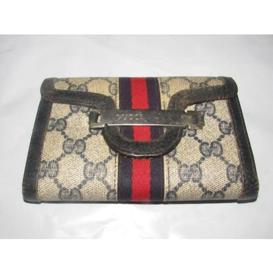 RARE, Gucci, Navy Guccissima Print, Vintage Collection, Tri Fold Wallet with a Red & Blue Stripe