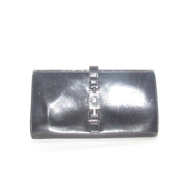 Gucci Black Leather With Chrome Jackie O Style Push Button Closure Checkbook Size Wallet